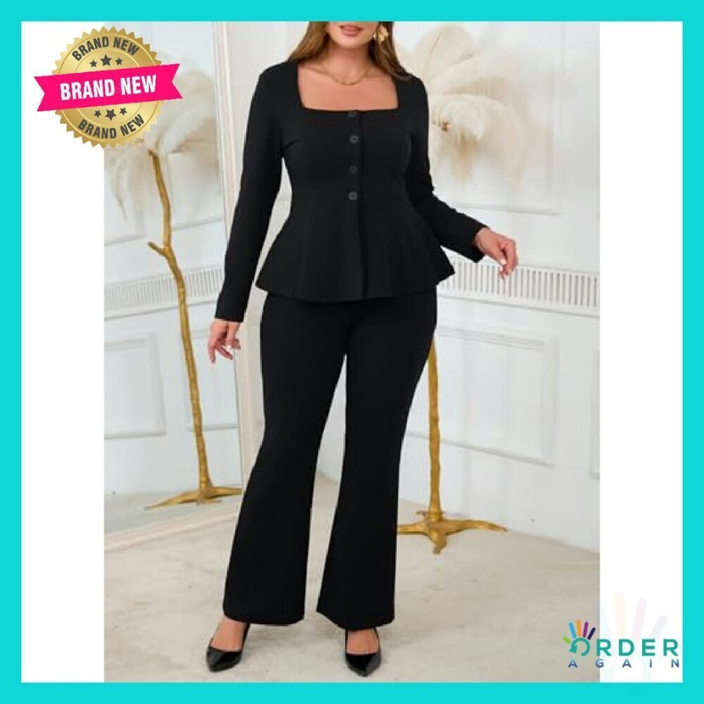 Two Piece Pantsuit Set Long Sleeve Blazer Flare Pant Office Work Formal Wear - Picture 6 of 8